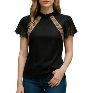 Nanette Lepore “Very Black” Satin & Lace Blouse NWT XS Black Shimmer